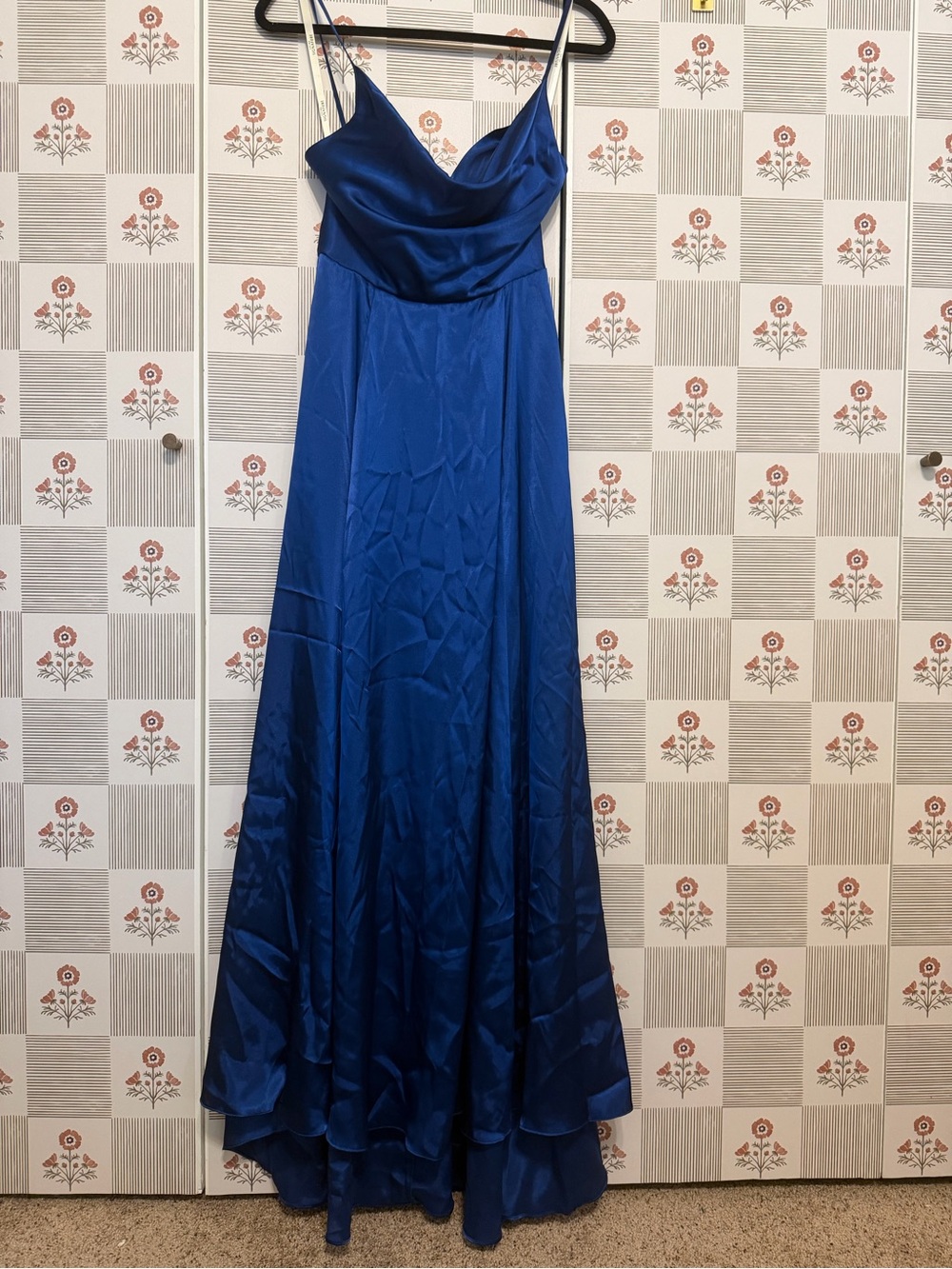 Royal Blue Satin Cowl Neck Spaghetti Strap Maxi Dress